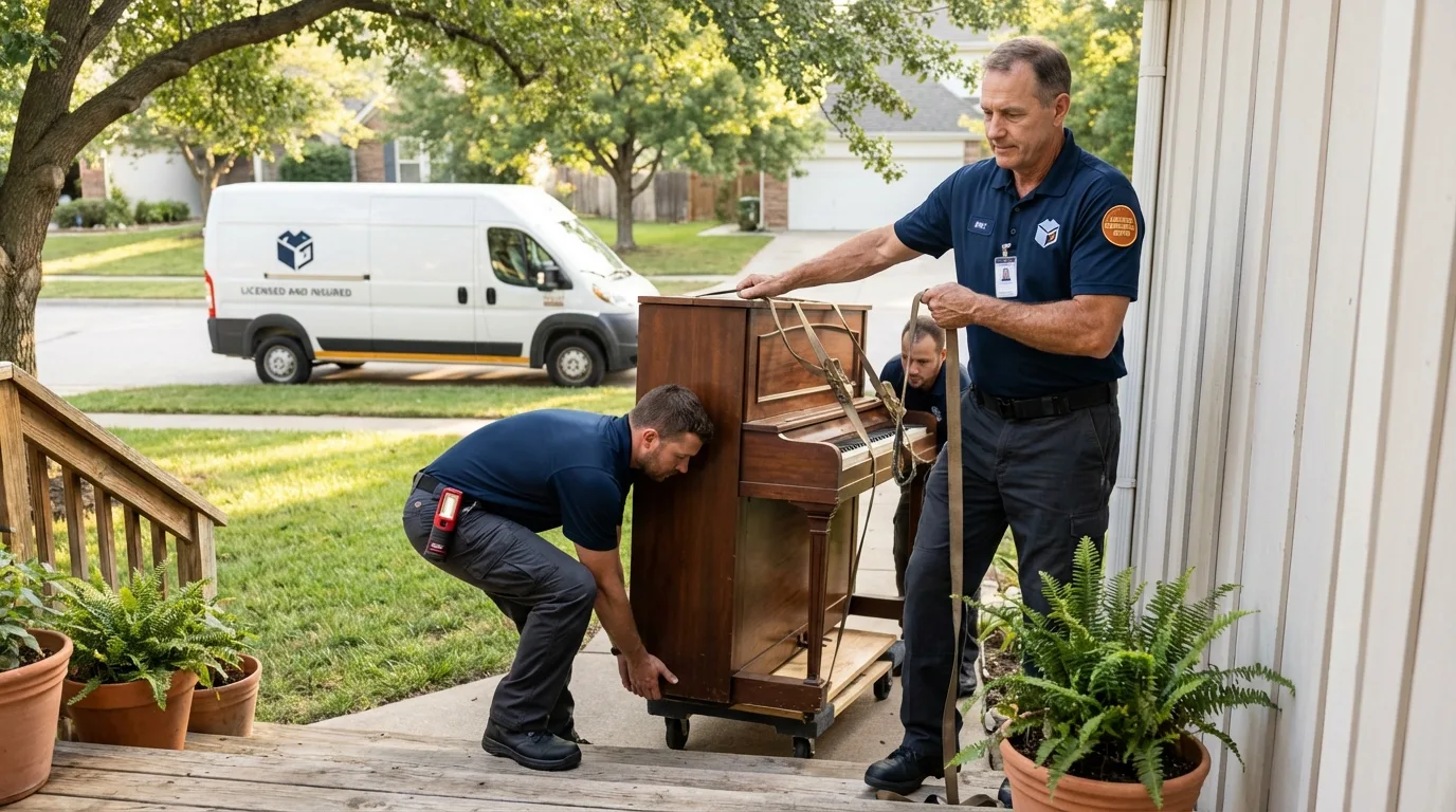 Licensed piano movers securing grand piano in Houston, MS