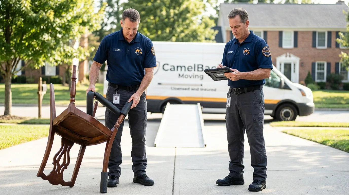 Movers inspecting furniture for damage prevention before loading in Houston, MS