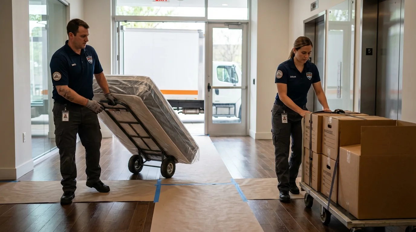 Professional apartment movers loading elevator in Houston, MS